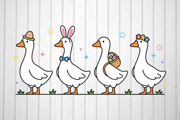 Cartoon Geese with Festive Accessories: Graphics & Illustrations