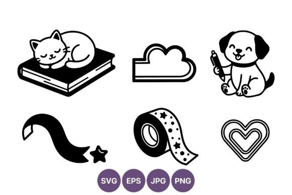 Cute Cat Dog Ribbon Star Heart Icons: Graphics & Illustrations