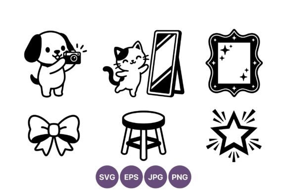 Cute Dog Cat Mirror Bow Stool Star Icons: Graphics & Illustrations