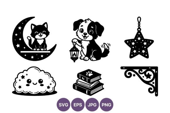 Cute Kitten Moon & Puppy Lantern Graphics