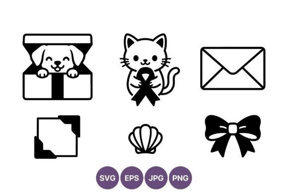 Dog Cat Bow Ribbon Envelope Shell Icons: Graphics & Illustrations