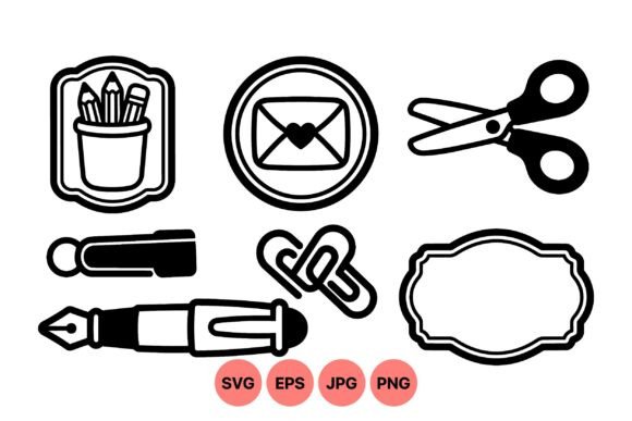Office Supplies Icon Clipart Set: Graphics & Illustrations